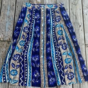 Vintage Floral Stripe Midi Skirt Shell Buttons Rayon USA Union Kathie Lee Chic